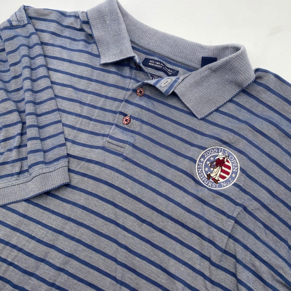 2005 US OPEN Pinehurst Collection Polo Shirt Men XL Blue Striped Merceriz Cotton